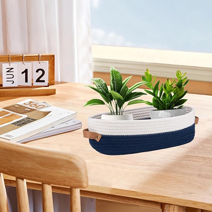 1 Pack Small Woven Storage Basket for Toilet Tank Top, Bathroom Countertop Organizer Cotton Rope Toilet Paper Storage Decorative Basket 13"x6"x4"(Navy/White)
