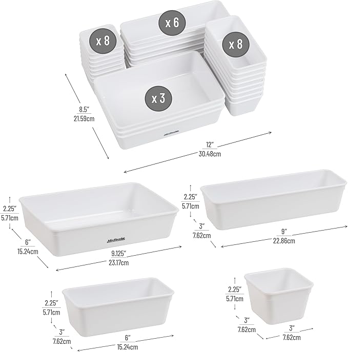 Mind Reader 25-Piece Drawer Organizer Set, Storage Trays for Kitchen, Bathroom, Office, Makeup, Jewelry & More, Junk Drawer Tray, Utensil Holder, Plastic, White