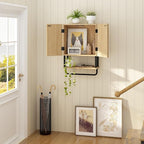 RUSTOWN Farmhouse Bathroom Wall Cabinet with 2 Door, 3-Tier Curved Profile Wooden Medicine Cabinet, Wall Mounted Storage Cabinet with Adjustable Shelf and Towel Bar (Natural, Small)