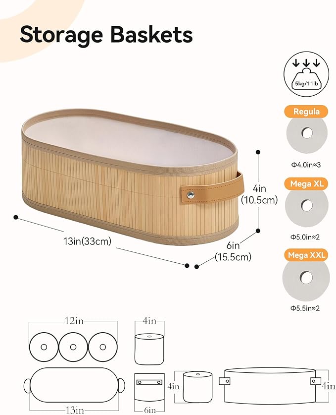 Toilet Paper Storage Basket Bathroom Counter Organizer Bamboo Baskets for Organizing, with Lid & Handels-Decorative Storage Set, 2-Pack