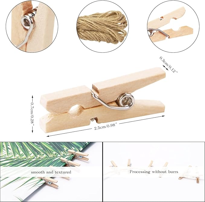 400 Pcs 1 Inch Mini Clothespins for Photos, Natural Wooden Small Clothes Pins with 66 FT Jute Twine, Tiny Decorative Clips for Crafts, Baby Shower, Weddings, Cocktails & Home Decor