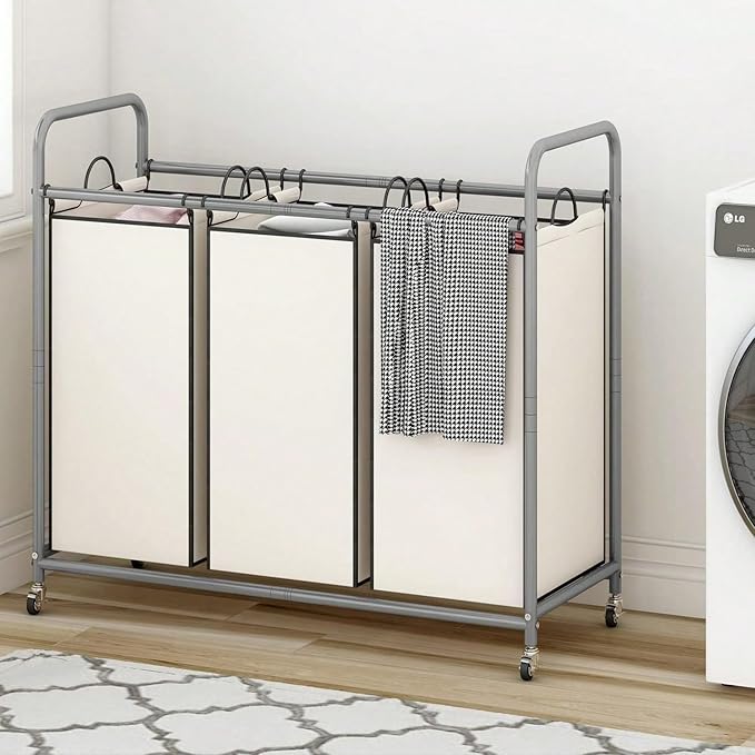 3-Bag Laundry Sorter Cart with Rolling Lockable Wheels, Removable Bags, 32.68 x 15.75 x 33.46 in, Black, Beige and Grey (Beige)