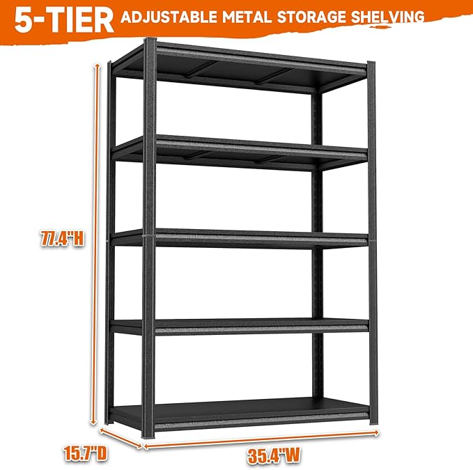 Storage Shelves Heavy Duty Garage Shelving Unit 2750 LBs, 5 Tier Adjustable Metal Shelf Industrial Storage Racks Utility Shelf Organiazation for Tools Garage Basement Warehouse 35.4"W*15.7"D*77.4"H