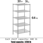 24" Deep x 30" Wide x 64" Height Wire Shelving Kit | 5-Tier | NSF Commercial Storage Rack Unit