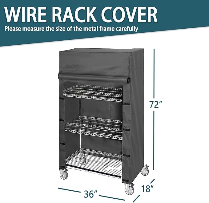 Storage Shelving & Garment Rack Cover, Dustproof Waterproof Protector for Wire Shelf, Heavy-Duty Nylon Buckle with Hook-and-Loop Closure, Fits 36" W x 18" D x 72" H (Black, Cover Only)