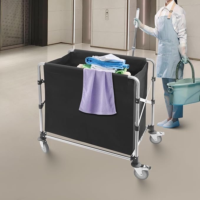 Commercial Laundry Cart with Wheels,Folding Laundry Hamper Cart,Heavy Duty Rolling Laundry Basket with Large Capacity,Laundry Sorter Trolley for Home Hotel Apartment (Black, 34.25 * 19.7 * 36.22in)