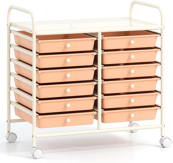 GOFLAME 12-Drawer Rolling Storage Cart, Multifunctional Art Craft Organizer Cart, Mobile Utility Storage Cart with Removable Drawers & Lockable Wheels, Craft Cart for Home Office School, Peach Fuzz