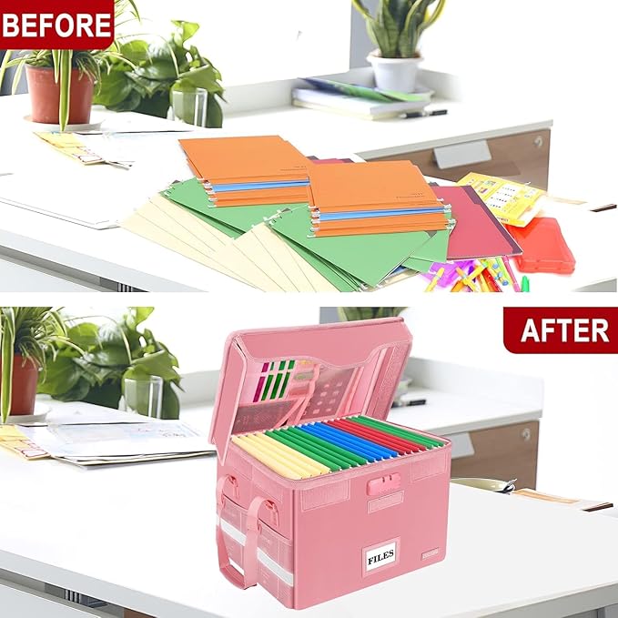 DocSafe Fireproof Document Box with Lock,File Storage Organizer with Pockets,Collapsible Portable File Box Home Office Safe Filing Cabinet with Handle for Hanging Letter/Legal Folders,Pink,2 Pack