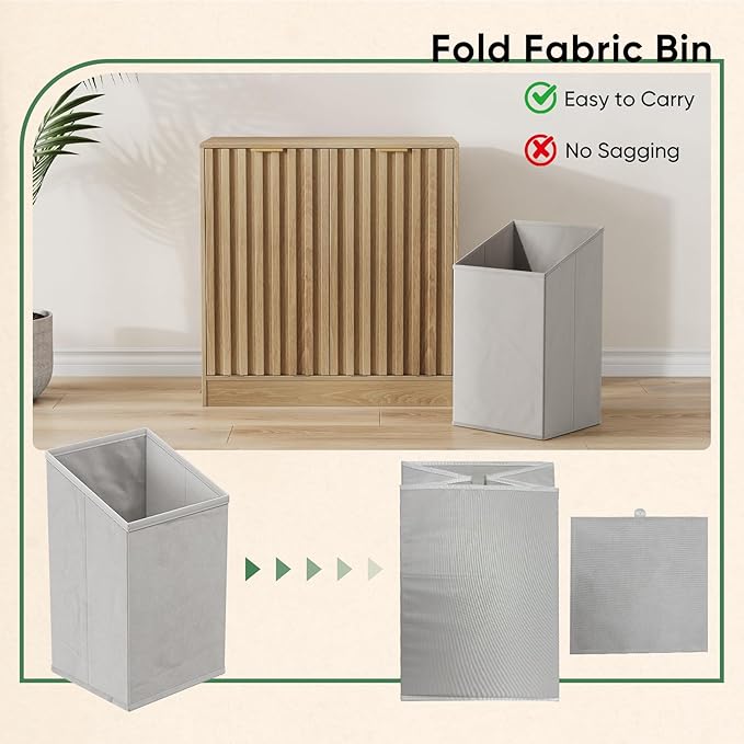 Double Tilt Out Laundry Hamper Cabinet, 11.8 Gallon Fluted Hidden Trash Cabinets with 2 Baskets for Bathroom Kitchen & Living Room, Freestanding Bathroom Storage Cabinet（Natural Oak）
