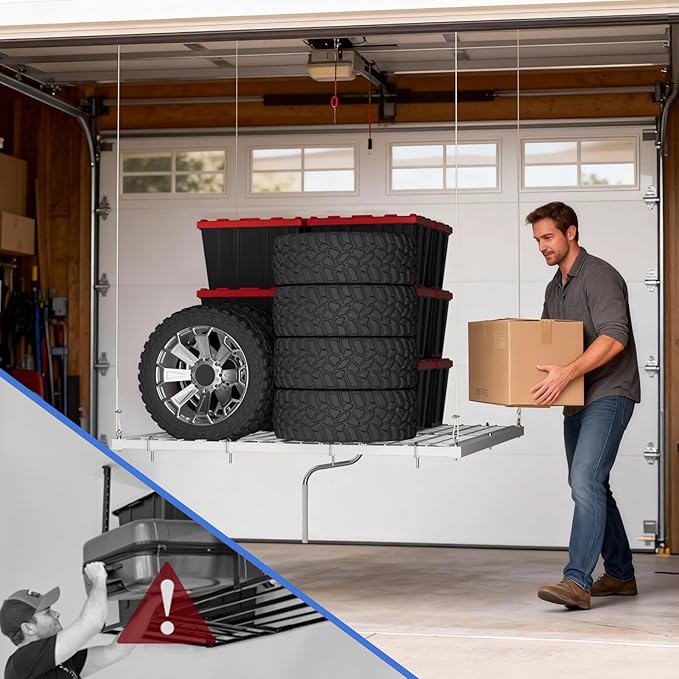 Garage Ceiling Storage Rack,Storage Elevator for Garage,4x4 ft Overhead Lift Storage with 350 Lb Capacity,Smooth Crank System, Space-Saving Design for Garage Organization