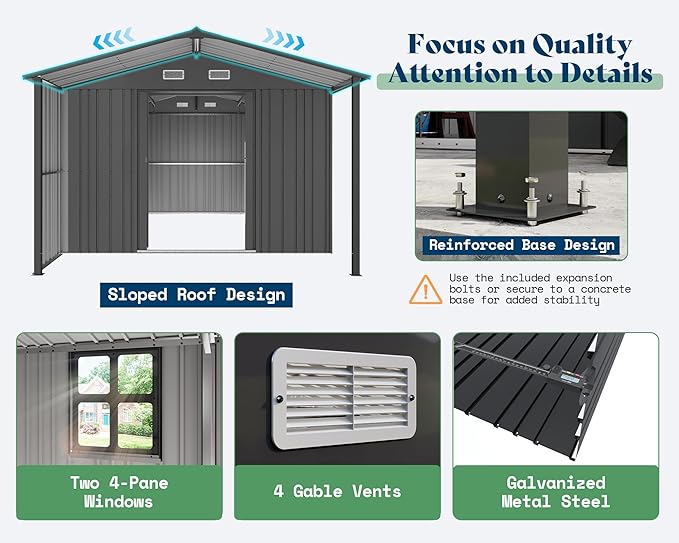 AMERLIFE 10x16.6x7.3 FT Outdoor Storage Shed with Lounge Area, Metal Shed with Sliding Doors, 2 4-Pane Windows & 4 Vents, Heavy-Duty Weather-Resistant Steel for Backyard & Garden, Dark Gray