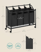 SONGMICS Rolling Laundry Sorter Basket with 4 Removable Bags, Laundry Hamper Cart, for Bedroom, Bathroom, 4 x 11.9 Gallons, Ink Black URLS103B01