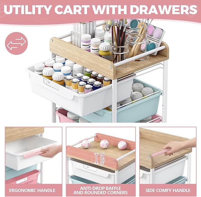 Rolling Craft Storage Cart with 4 Drawers,Utility Cart with Drawers,Art Craft Organizers and Storage,Kids Craft Cart,Kids Art Cart With DIY Lable and Wooden Tabletop Area,Colorful