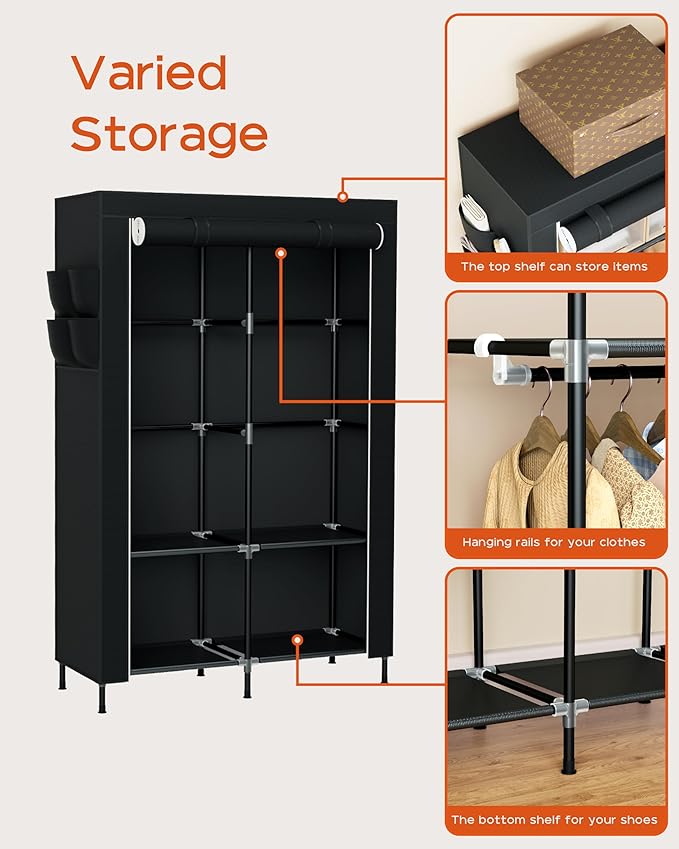 Portable Closet, 34 Inch Large Capacity Wardrobe Closet with Cover, Clothes Storage Organizer with Shelves and 2 Hanging Rods, Easy to Assembly, Black PCT202B01