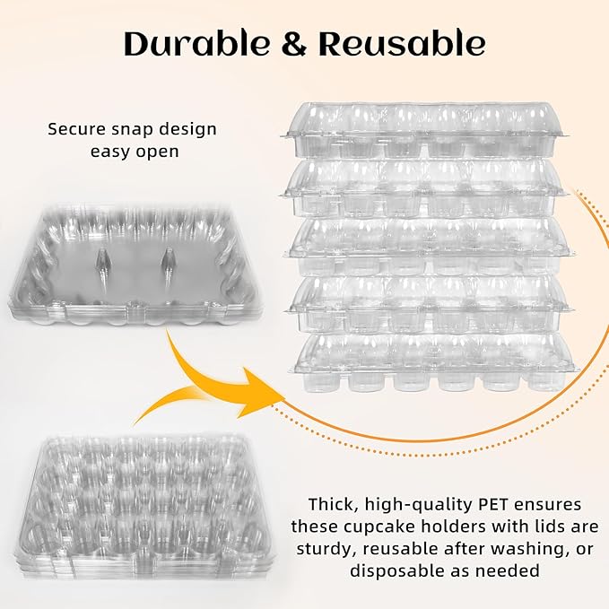 (24 Count x 20 Sets Plastic Cupcake Containers with Liners, Clear Cupcake Holder with Lids, Disposable Cupcake Carrier for Bakery, Cupcake Storage Box for Parties, Bake Sale Packaging