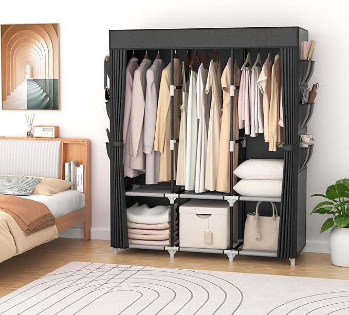 VTRIN Portable Closet for Hanging Clothes 52 Inch Wide Portable Wardrobe Closet with Cover, 6 Storage Shelves and 3 Hanging Rod, Diameter 19mm Metal Pipe, Sturdy Closet for Bedroom, Black