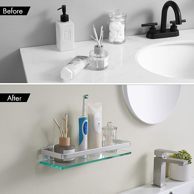KES Bathroom Glass Shelf, Storage Shelf Wall Mounted Extra Thick Tempered Glass and Aluminum Silver Wall Mounted, A4126A