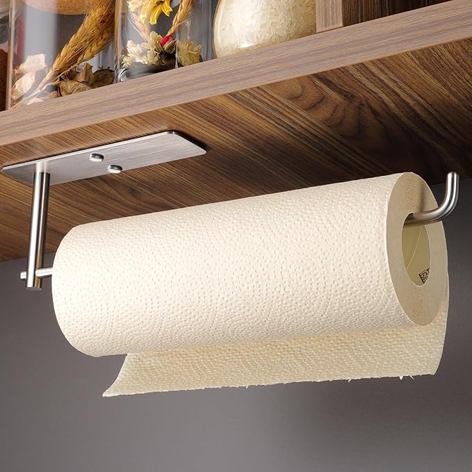 ZUNTO Paper Towel Holder Under Cabinet, Adhesive and Screwed Paper Towel Rack, 12.4 Inch Paper Towel Roll Holder for Kitchen, Bathroom, RV, Easy One-Handed Tear (Silver)