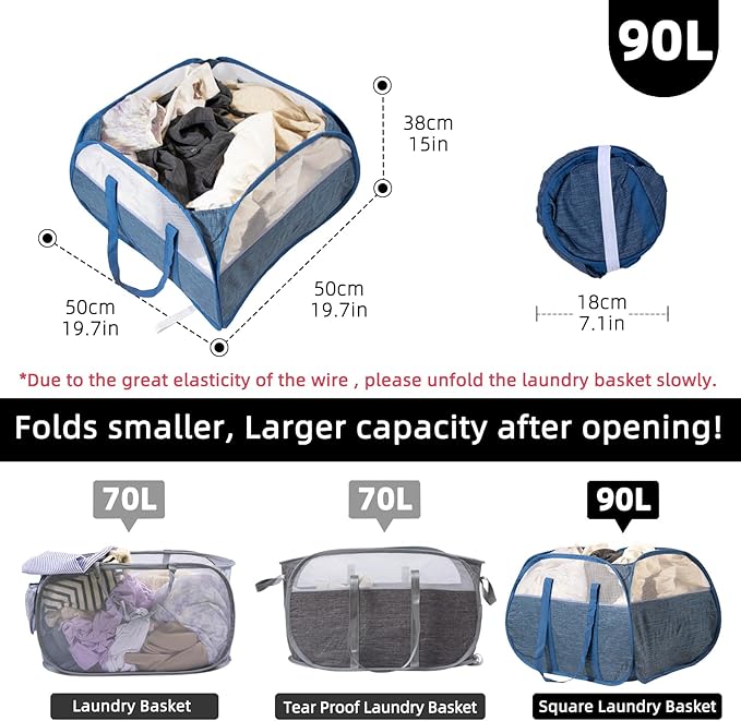 Collapsible Laundry Basket, 90L Foldable Pop-up Laundry Hamper with Reinforced Handles, Tear Proof Mesh Dirty Clothes Hamper for Laundry (Blue)