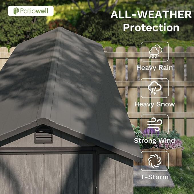 Patiowell 4x8 FT Outdoor Storage Shed with Floor & Windows, Lockable Resin Tool Shed for Garden, Backyard, Patio, and Lawn Equipment - Easy Assembly, All-Weather Protection, Gray (Fit-it Shed)
