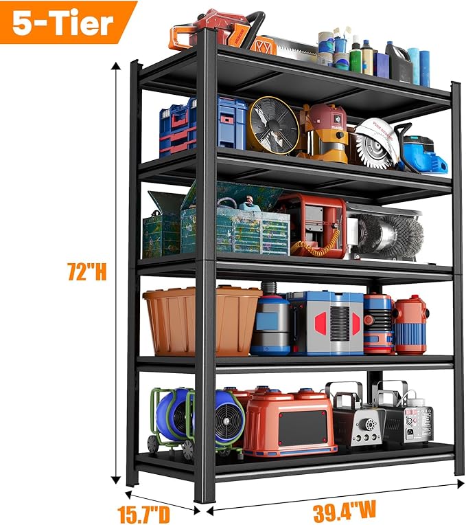72"Hx39.4"W Metal Garage Shelving Unit, 5-Tier 72"H x 39.4"W x 15.7"D Heavy Duty Storage Shelves, Adjustable, Rust-Resistant Utility Rack for Kitchen, Pantry, Basement, Easy to Assemble,Black