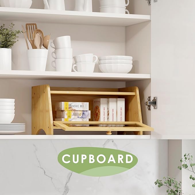 Bread Box for Kitchen Countertop, Large Bread Container Storage, Wooden Farmhouse Bread Box with Window Bread Holder (Natural Bamboo)