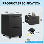 DEVAISE 2-Drawer Rounded Corner Metal File Cabinet with Lock, Mobile Filing Cabinet Under Desk for Home Office, Fully Assembled Printer Stand fits Letter/Legal Size, Black, 20" D x 15.8" W x 25" H