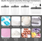 4 Pack Laundry Pods Container & Dryer Sheet Holder - Clear Plastic Laundry Room Organization Storage Containers with Black Lids, Scoops & Labels for Detergent Pods, Powder, Scent Boosters, Beads