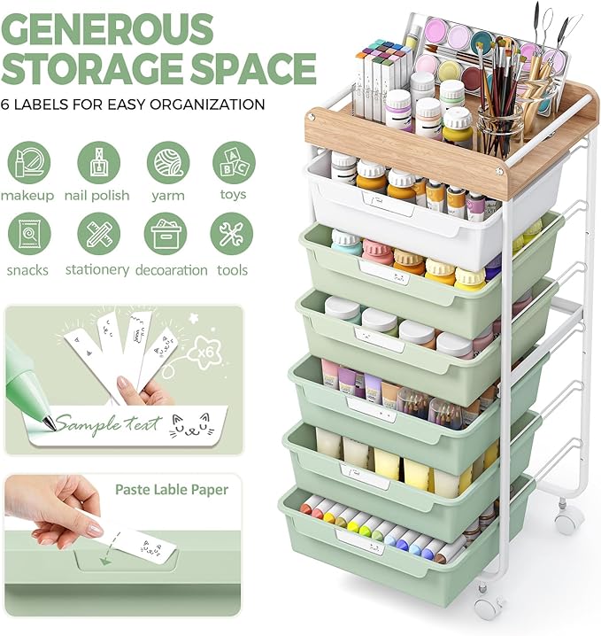 6 Drawer Rolling Cart for Craft Storage,Utility Drawer Organizer with Handle and Wooden Top,Storage on wheels for Office, Classroom,Laundry,Garage,Snack,Art Supply,Green