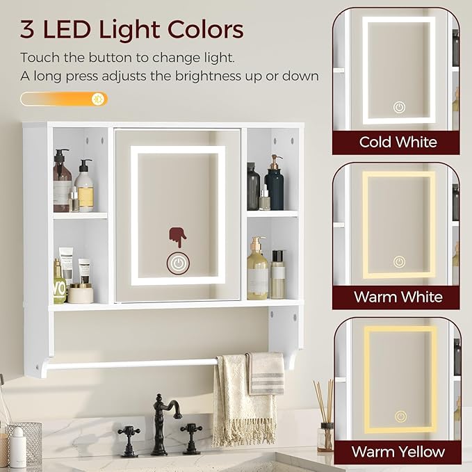 Bathroom Wall Cabinet with Mirror, Wall Mounted Medicine Cabinet with Color Adjustment LED Lights, Mirrored Over The Toilet Storage Cabinet with Adjustable Shelves, 23.6''W x 21.6''H, White