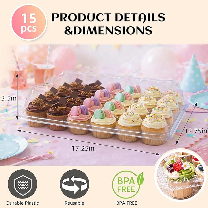 (24 Count x 15 Sets Plastic Cupcake Containers with Liners, Clear Cupcake Holder with Lids, Disposable Cupcake Carrier for Bakery, Cupcake Storage Box for Parties, Bake Sale Packaging