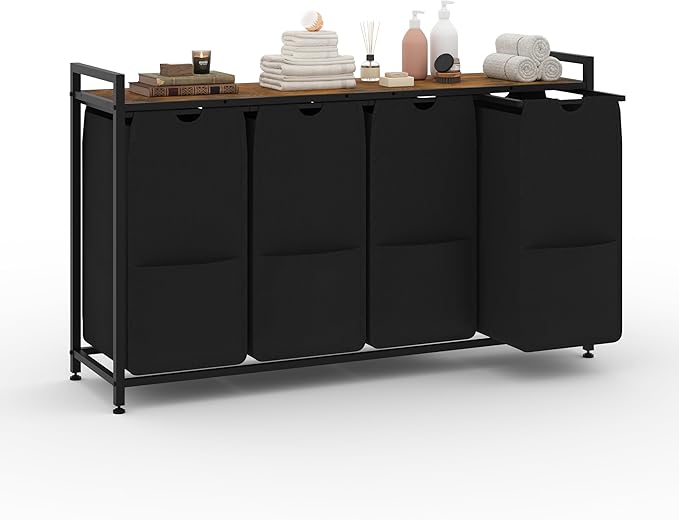 47-Inch Wide Laundry Sorter, 4 Section Hamper Basket Organizer with 100lbs Wood Top, Black Iron Frame, 30lbs Capacity Pull-Out Fabric Bags, Clothes Organizers and Storage