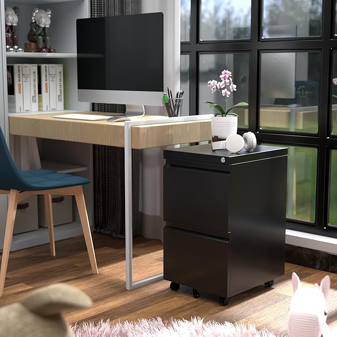 Aobabo 2 Drawer File Cabinet with Lock, Pre-Assembled Mobile Filing Cabinet Under Desk, Anti-Tilt Rolling Metal Office Storage for Letter and Legal Size, Black