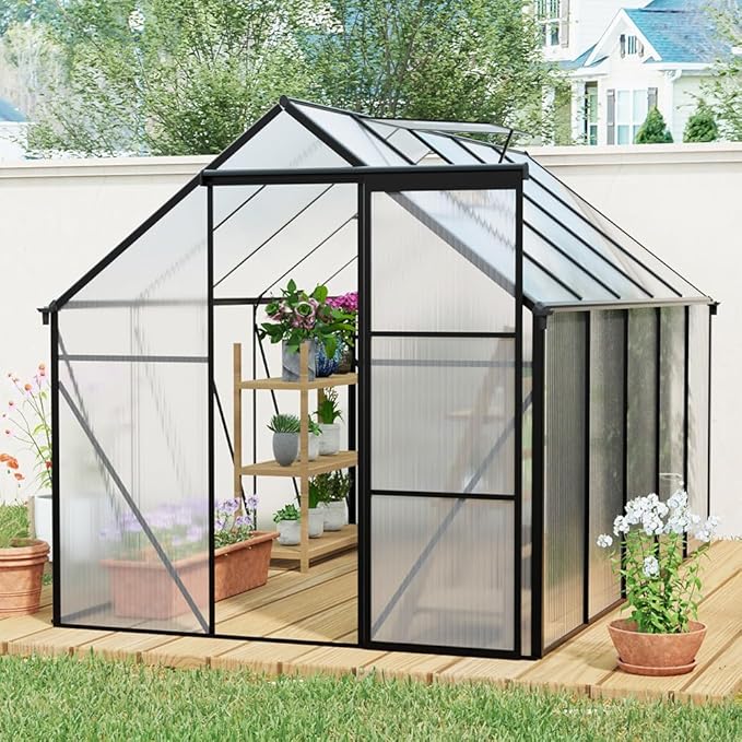 Polycarbonate Greenhouse with Rain Gutter and Roof Vent, Raised Base and Anchor Aluminum Heavy Duty Walk-in Green House, Outdoor Patio Sunroom with Sliding Door (Black, 122.44*74.8*76.77in)