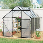Polycarbonate Greenhouse with Rain Gutter and Roof Vent, Raised Base and Anchor Aluminum Heavy Duty Walk-in Green House, Outdoor Patio Sunroom with Sliding Door (Black, 122.44*74.8*76.77in)