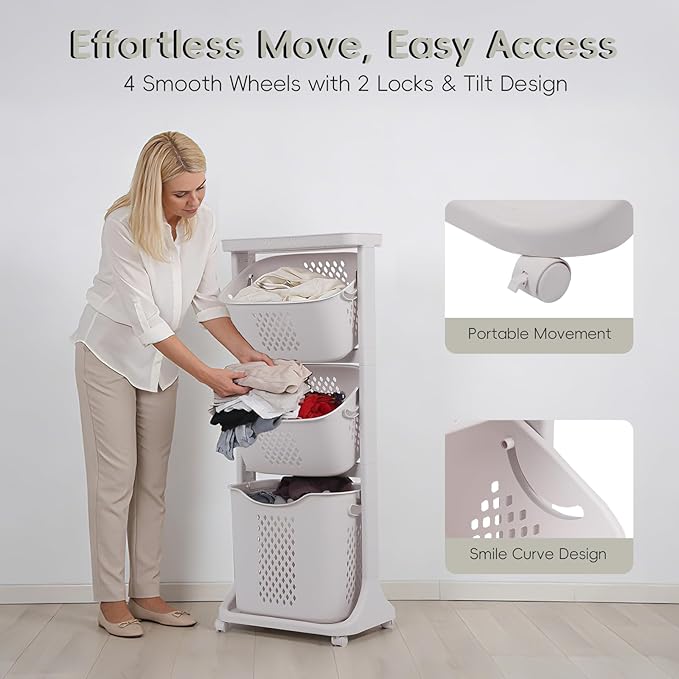 GCCSJ 3-Tier Rolling Laundry Hamper Sorter with Wheels, 75L Capacity & Removable Mesh Baskets, Foldable Storage Organizer Cart for Bedroom, Bathroom, Laundry Room (17.32"x13.1"x42.59")