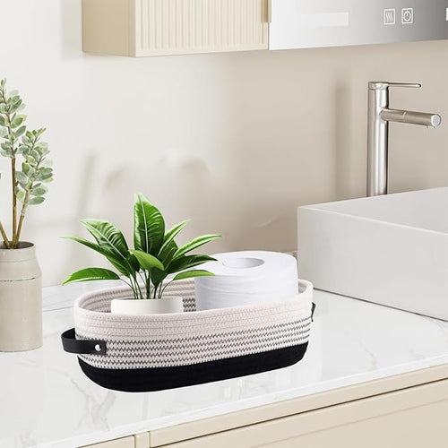1 Pack Small Woven Storage Basket for Toilet Tank Top, Bathroom Countertop Organizer Basket Cotton Rope Toilet Paper Storage Toilet Paper Decorative Basket 13"x6"x4" (Black/White)