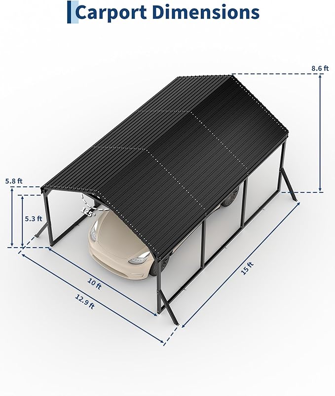 Garvee 10x15x9 ft Metal Carport, Car Port with Reinforced Frame and Steel Roof for All-Weather Use, Permanent Shelter for Sedans, SUVs, or Boats