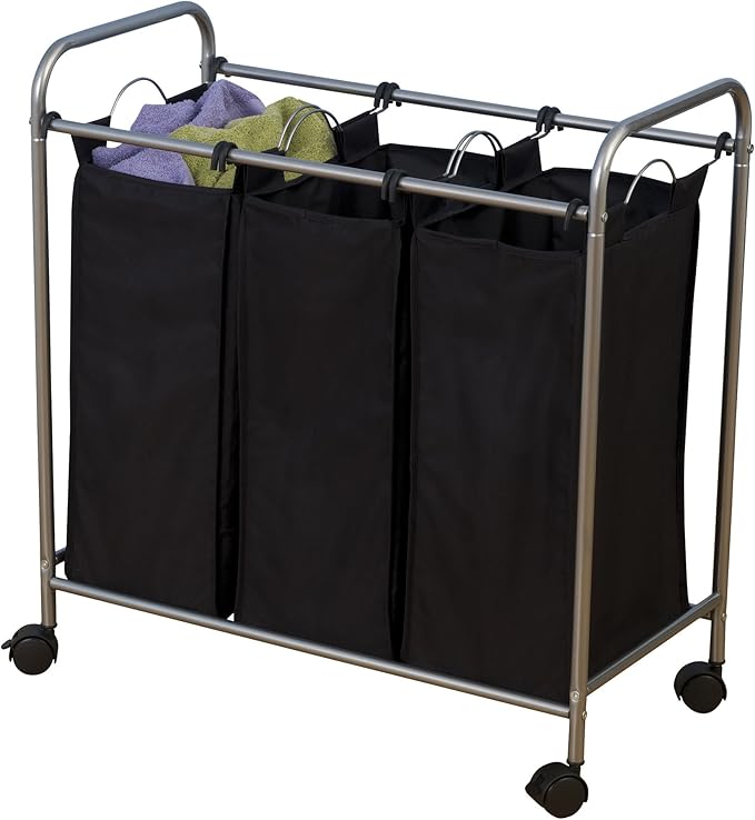 Household Essentials Rolling Triple Laundry Sorter, Silver