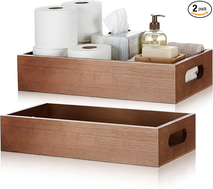 2 Pcs Bathroom Basket Wooden Toilet Tank Paper Basket with Handle Wood Color Bathroom Decor Box Back of Toilet Storage Organizer for Bedroom Vanity Kitchen Countertop Dresser Shelf Decor