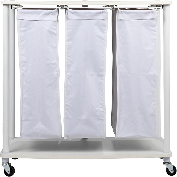 Household Essentials 3-Bag Laundry Sorter, Smooth Laminate Shelving, Sturdy Steel Frame, Wheeling and Stationary Feet Options, Washable Linen Laundry Bags, 3-Load Capacity, Versatile, White