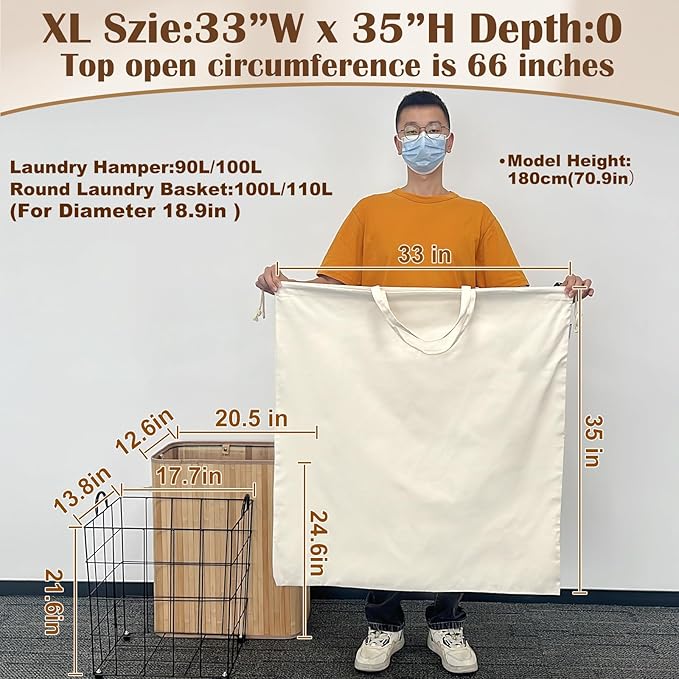 Canvas Laundry Bag 33"Wx 35"H, Thick Canvas Laundry Bag with Handles & Drawstring, Extra Large Heavy Duty Washable Basket Liner Hamper Liner Storage Sack (Beige XL, 2 Pack)