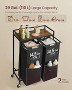 VASAGLE Laundry Sorter, 29 Gal. (110 L) Laundry Hamper Basket with 2 Compartments, Rolling Cart with Wheels, Shelf, Removable Bags, Pockets, Ink Black and Rustic Brown UBLH021B01