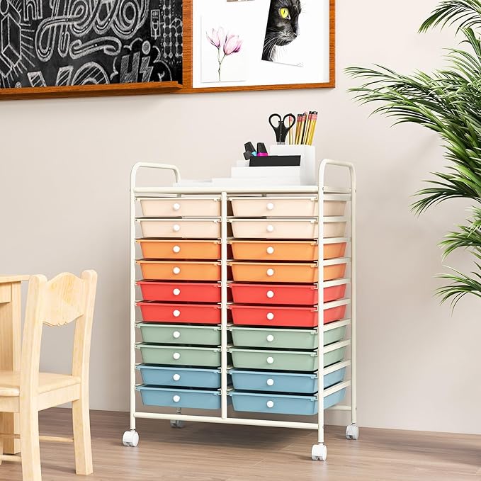 GOFLAME 20-Drawer Rolling Storage Cart, Multifunctional Art Craft Organizer Cart, Mobile Utility Storage Cart with Removable Drawers & Lockable Wheels, Craft Cart for Home Office School, Macaron Color
