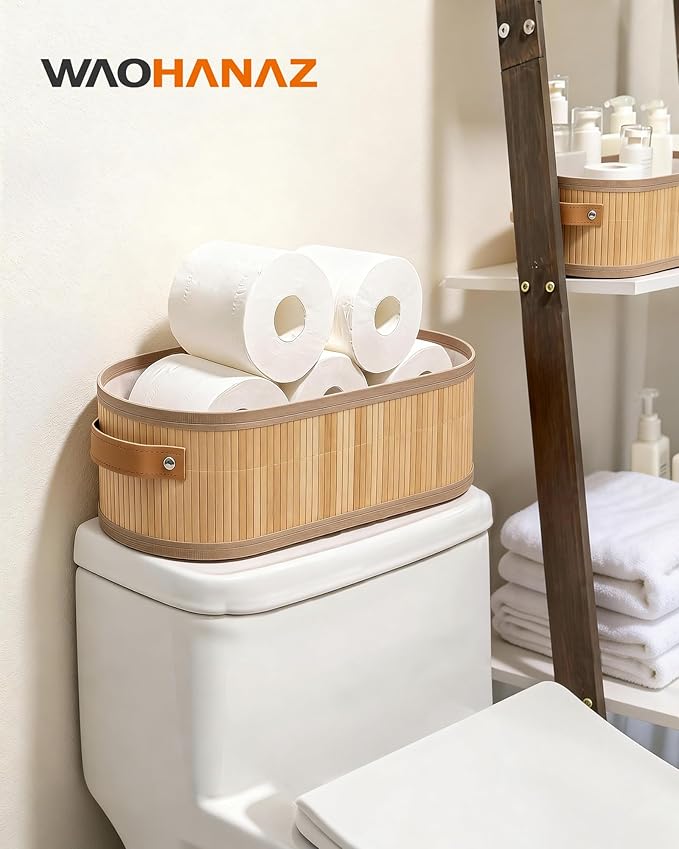 Toilet Paper Storage Basket Bathroom Counter Organizer Bamboo Baskets for Organizing, with Lid & Handels-Decorative Storage Set, 4-Pack