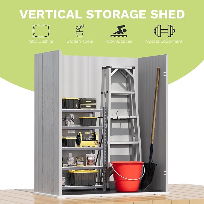 Devoko 5x3 FT Resin Outdoor Storage Shed with Floor, Plastic Outdoor Storage Cabinet, Waterproof Vertical Tool Shed with Lockable Door for Patio, Garden, Backyard, Light Gray