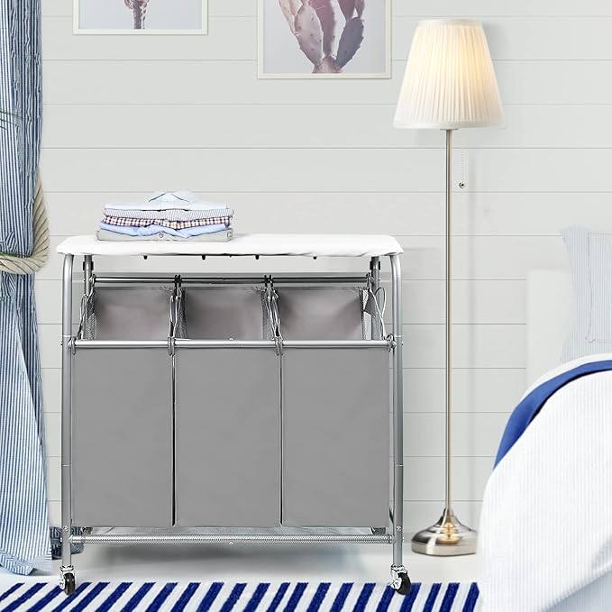 3 Bags Laundry Sorter Cart, Heavy Duty Rolling Laundry Hamper Sorter with Ironing Board(Grey)