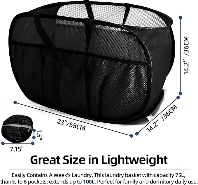 Collapsible Laundry Baskets, Upgrade Pop Up Laundry Hamper with Convenient Bags, Foldable Laundry Basket Mesh Light Weight, Easy to Carry Clothes Hampers for Laundry, Dorm, Toys, Travel Black