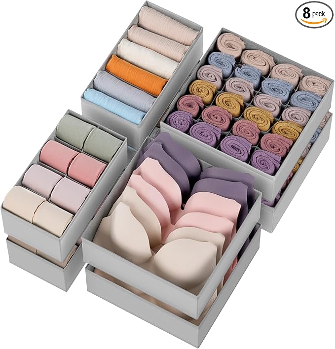 Criusia Drawer Organizer Clothes, 8 Pack Dresser Organizer for Underwear, Sock, Baby Clothes- Foldable Closet Organization and Storage Dividers Bins for Nursery, Bedroom (Grey)