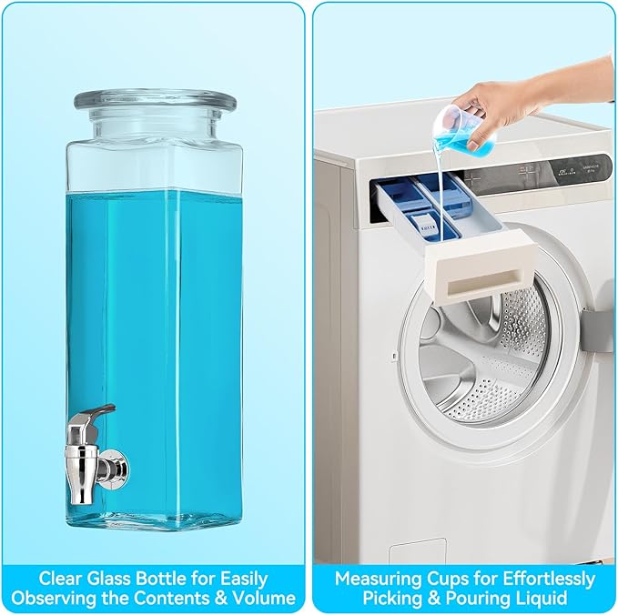 2 Pack Glass Laundry Detergent Dispenser with Stand, Laundry Soap & Fabric Softener Dispenser for Laundry Room Organization and Storage, 76oz Laundry Liquid Containers with Labels, Measuring Cups